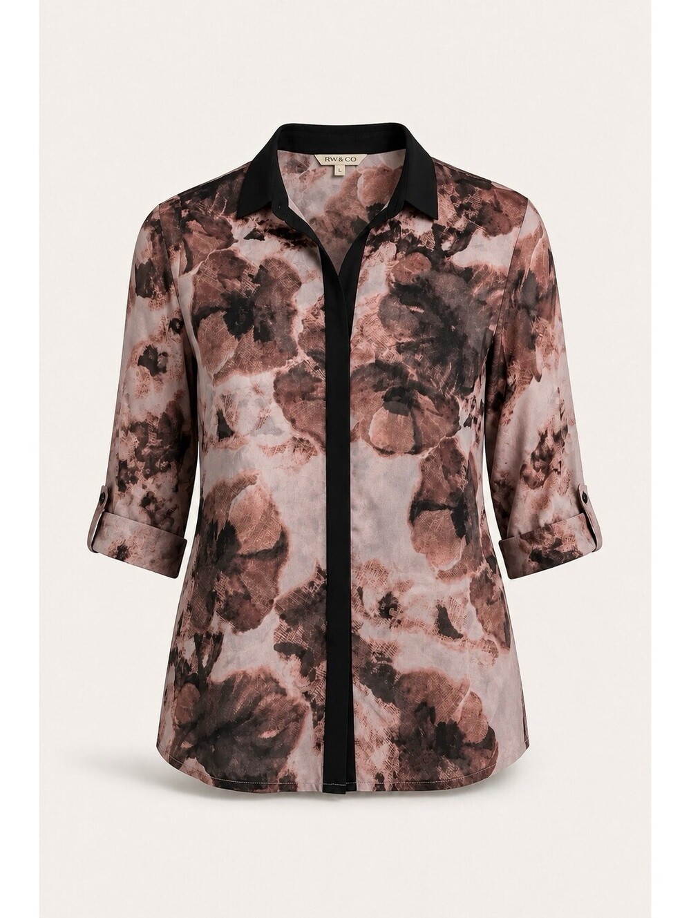 Rw & Co Women's Sz M Pink Black Sheer 3/4 Sleeve Collared Button Blouse Top